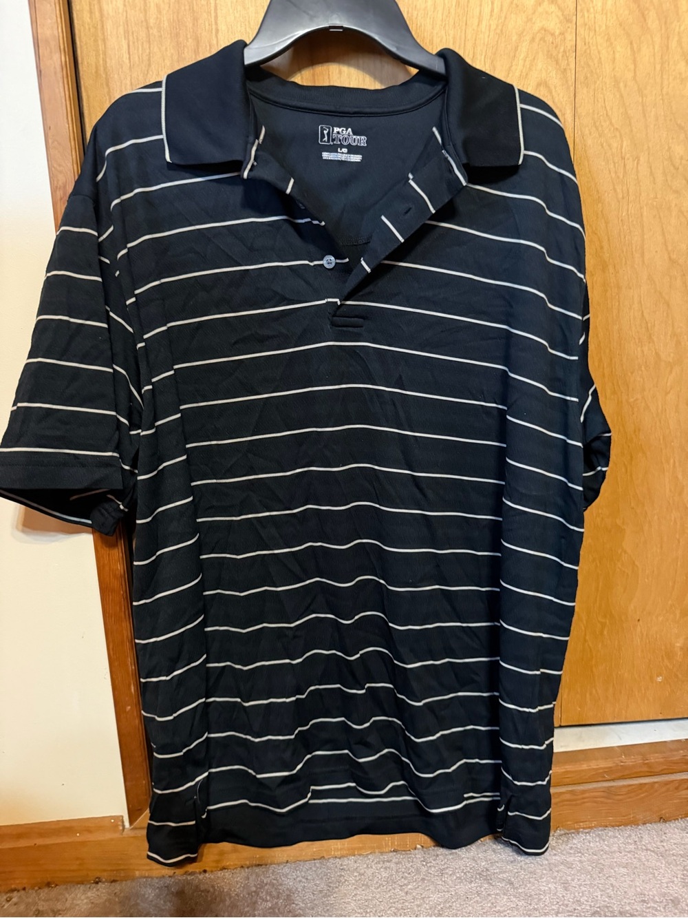 PGA TOUR Black Polo with White Stripes